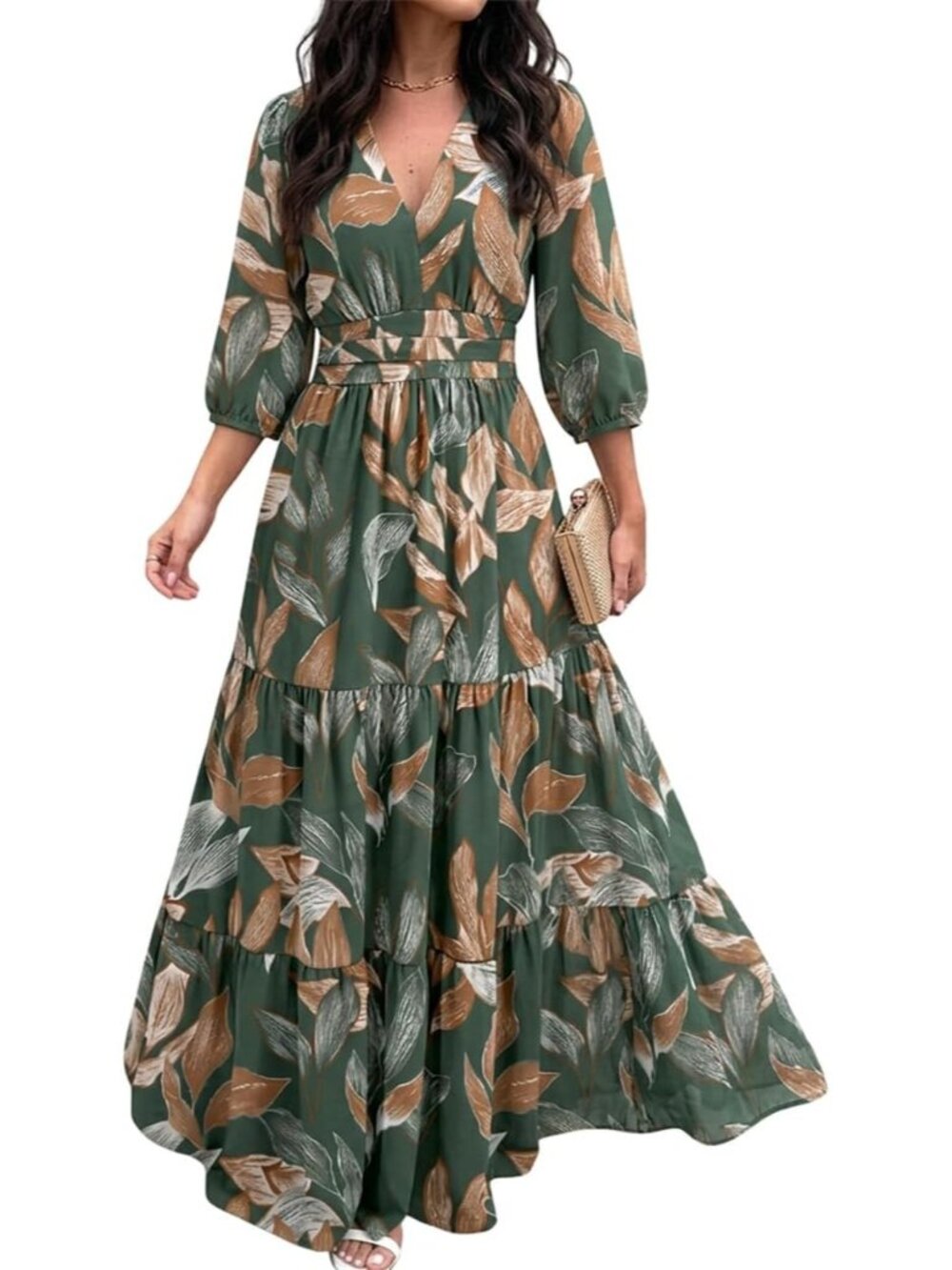 〽️Women’s Green Boho Maxi Sundress Shirred Back Tiered Skirt Puff Sleeve